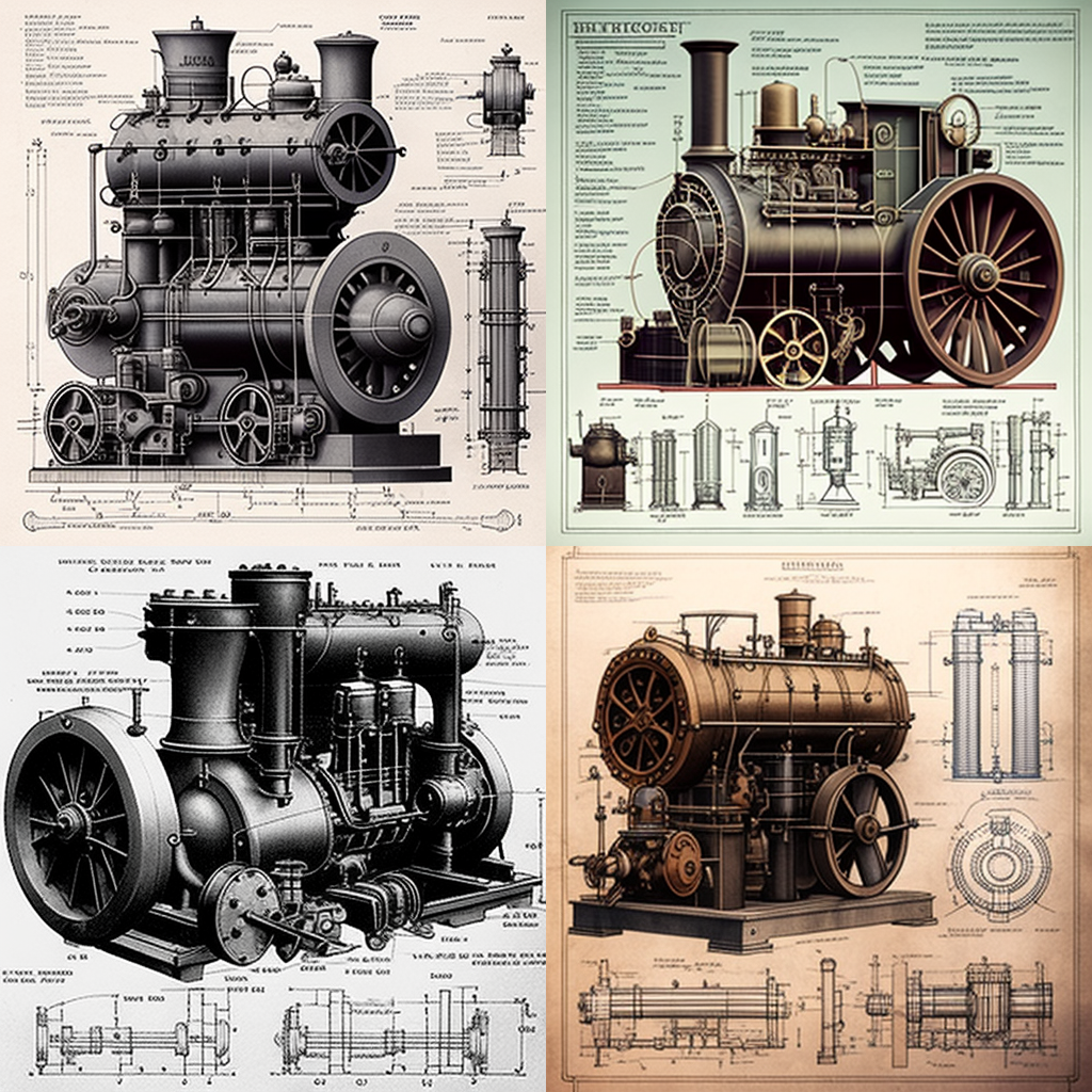 技术绘图中，蒸汽机的设计将包括锅炉设计、【Midjourney Prompt】