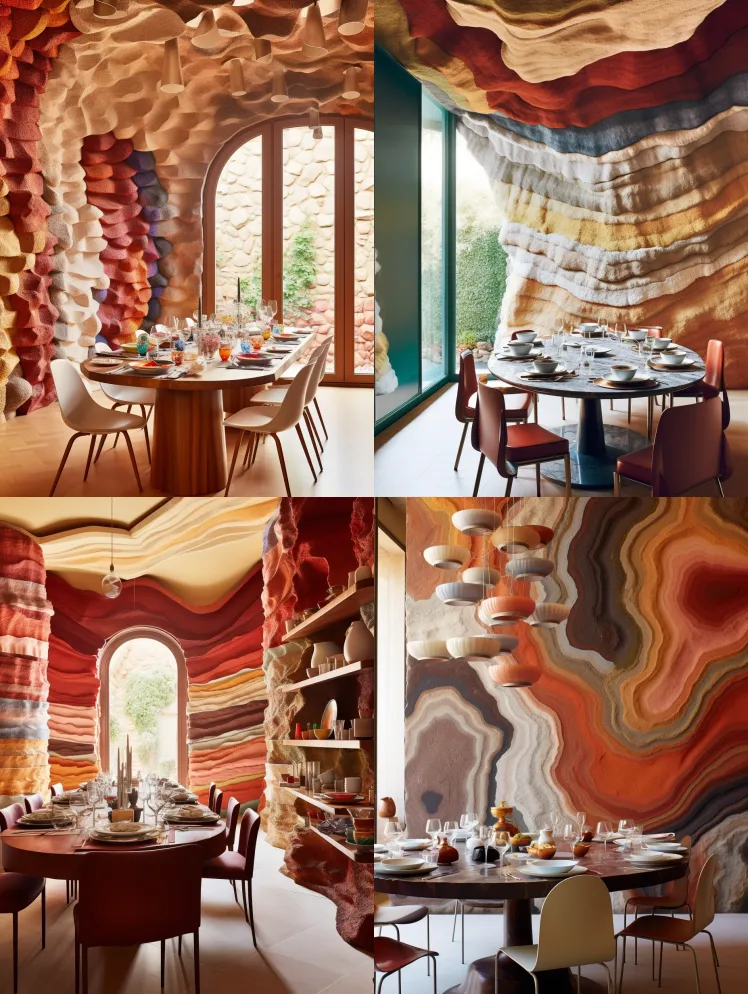 沉积岩层激发了餐厅里分层的、五颜六色的墙 – Midjourney Prompt