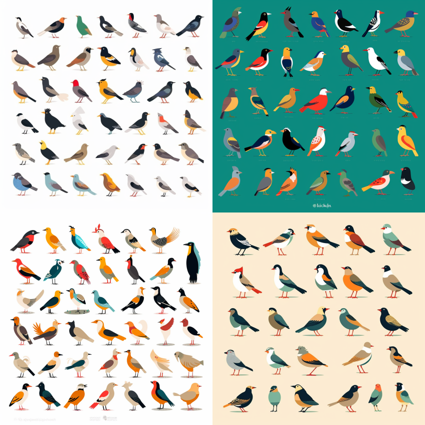 瑞士当地鸟类精灵床单，平面插图风格，各种 - Midjourney Prompt
