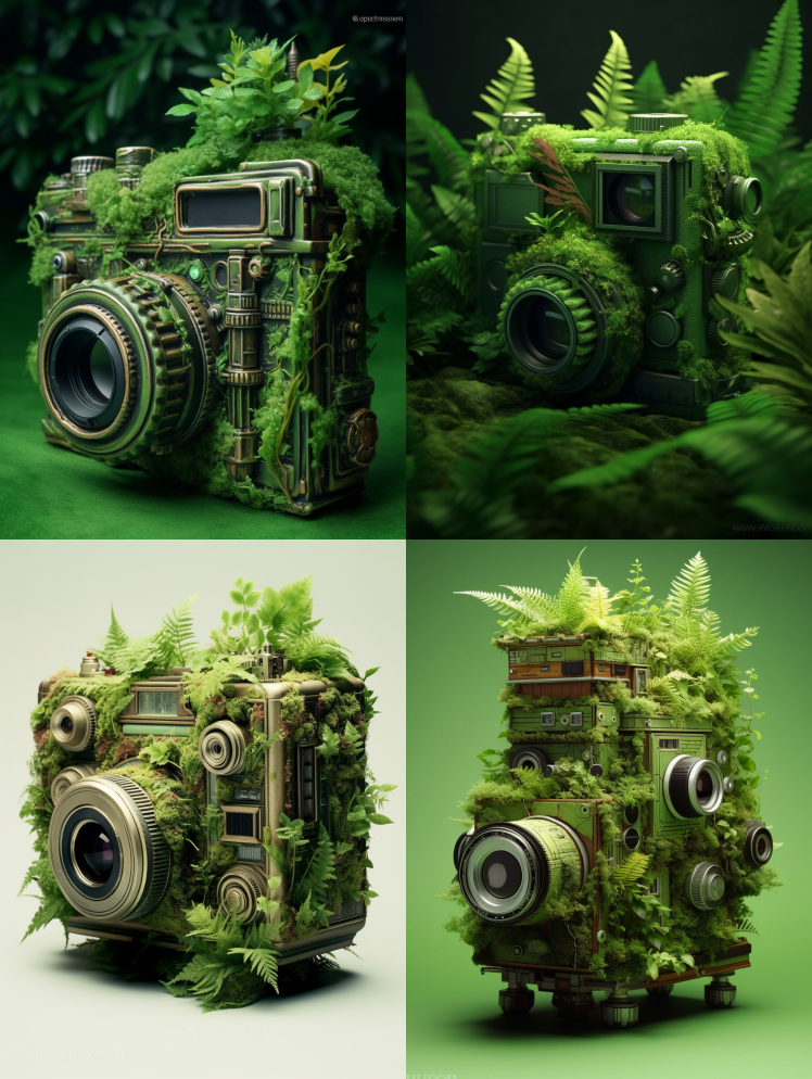 表面像植物一样的绿色相机，具有赛伯斯蒂蒸 – Midjourney Prompt