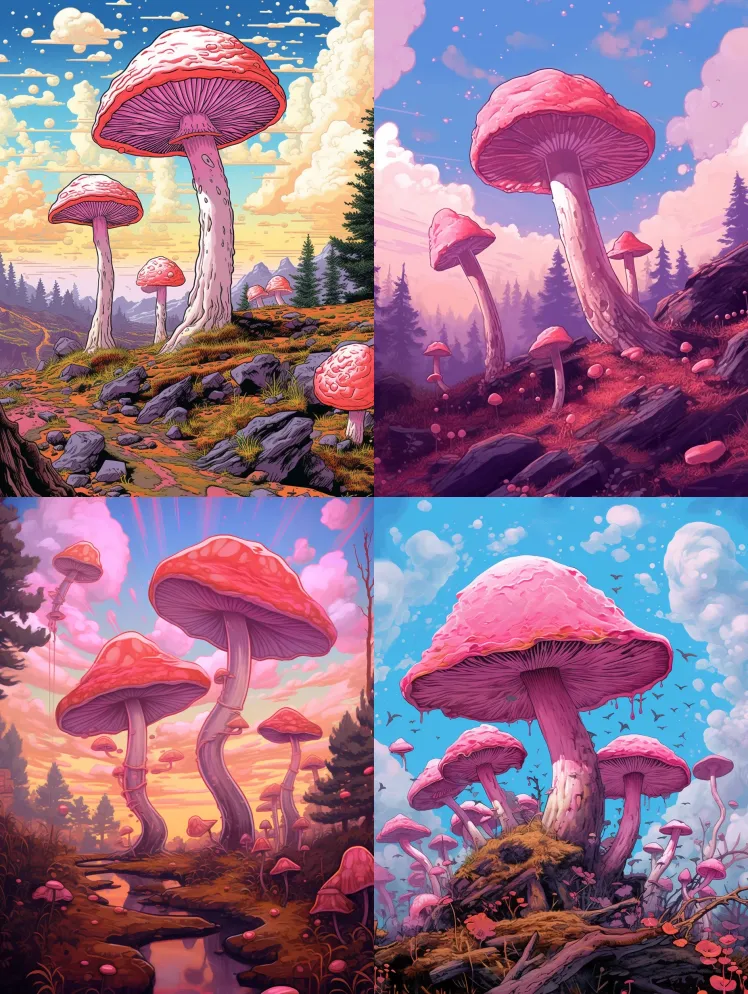 地上的一些蘑菇呈粉红色，具有海报艺术的风 – Midjourney Prompt
