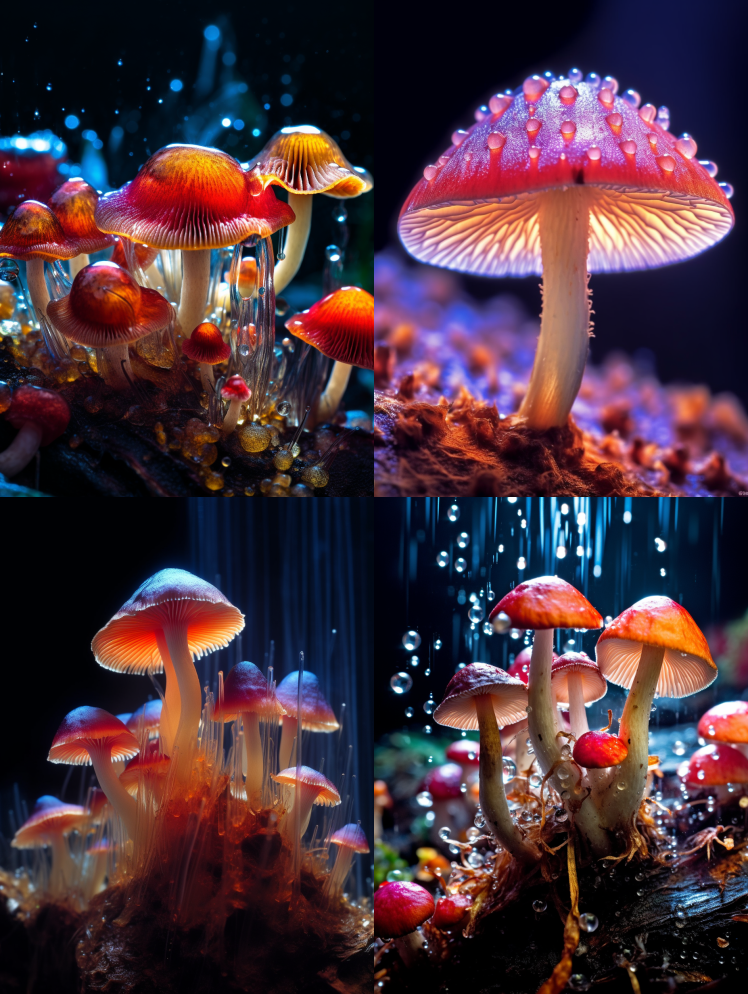 超现实主义，极端微距特写照片，蘑菇，彩虹 – Midjourney Prompt