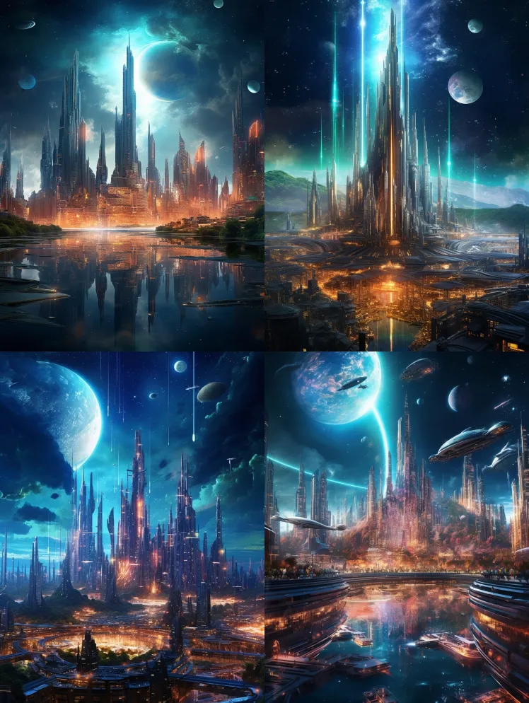 未来航天城，三体世界，霓虹灯，科幻小说， – Midjourney Prompt