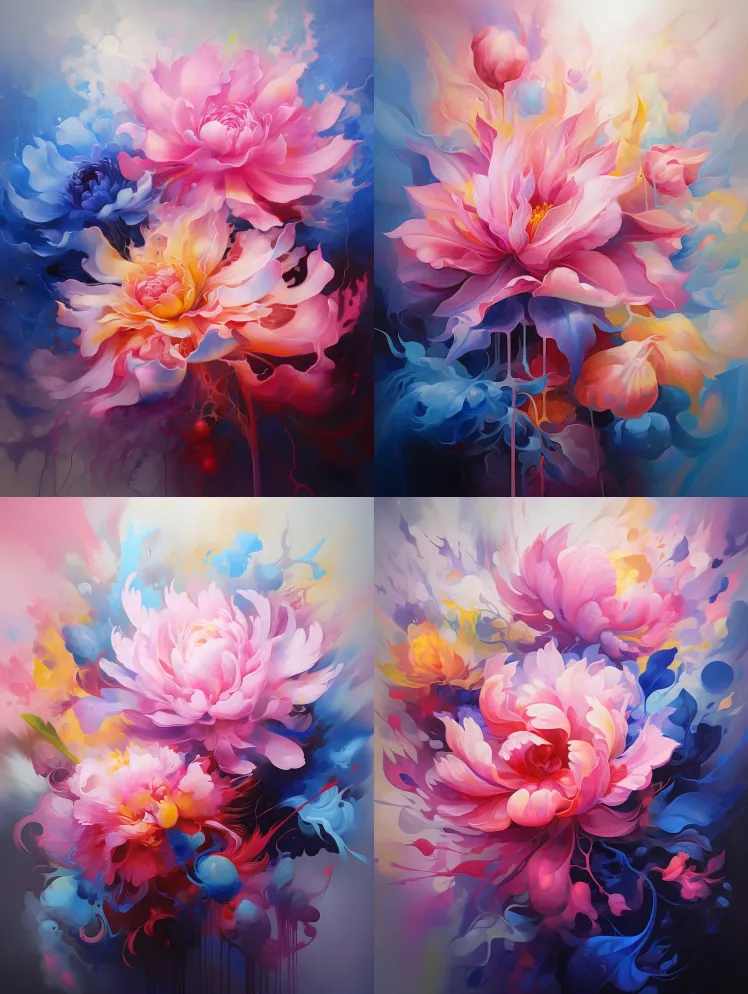 抽象花卉油彩画，粉红色和紫色和黄色和蓝色 – Midjourney Prompt