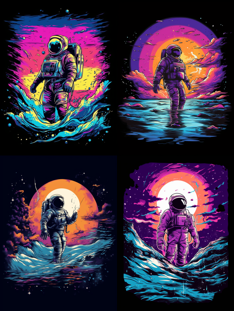 宇航员在海洋中，合成波，t恤矢量，飞溅颜 - Midjourney Prompt