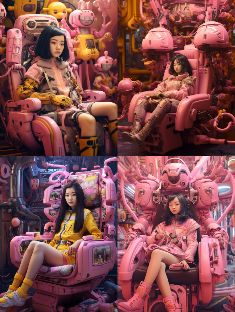 中国女孩坐在粉色的机器人椅子上，带着玩具 – Midjourney Prompt