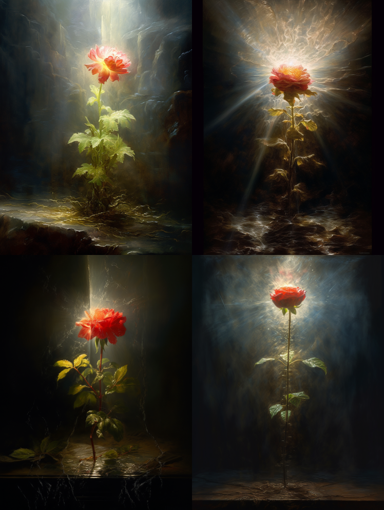 油画，生长在水下的单朵红玫瑰，神射线，3 – Midjourney Prompt