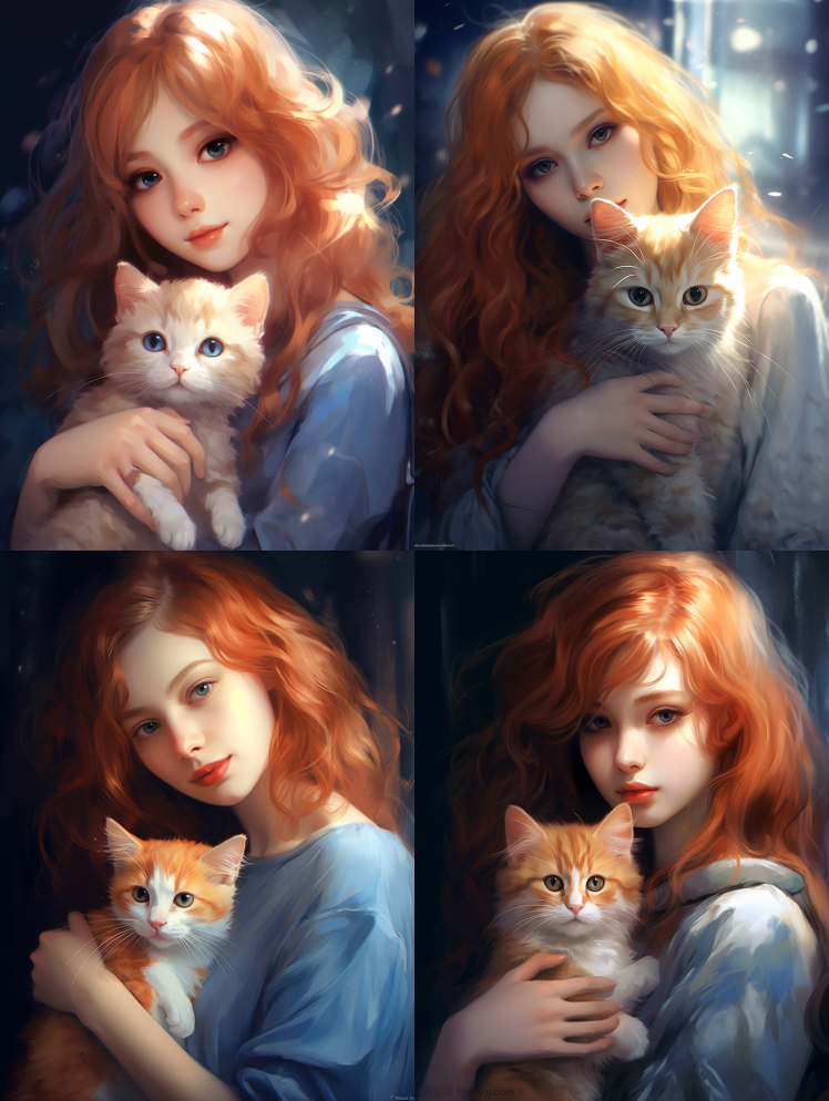 动漫美女抱着可爱的橙色猫，她的猫有蓝色的 – Midjourney Prompt