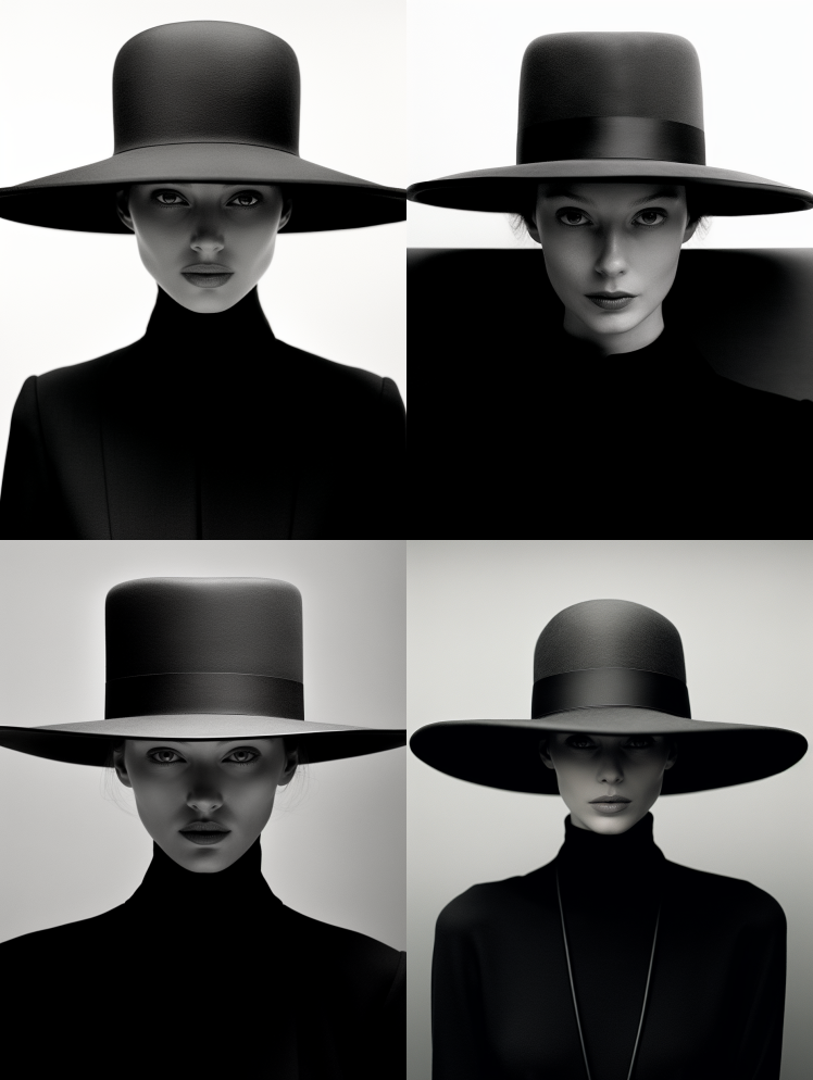 戴着一顶黑色帽子的女人的形象，风格是大卫 – Midjourney Prompt